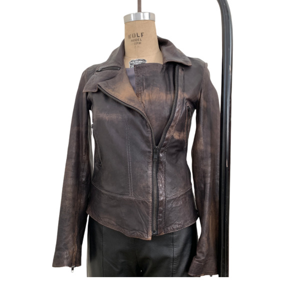 ALLSAINTS Coat Fit Moto Jacket Brown Weathered Supple Leather - Picture 3 of 9